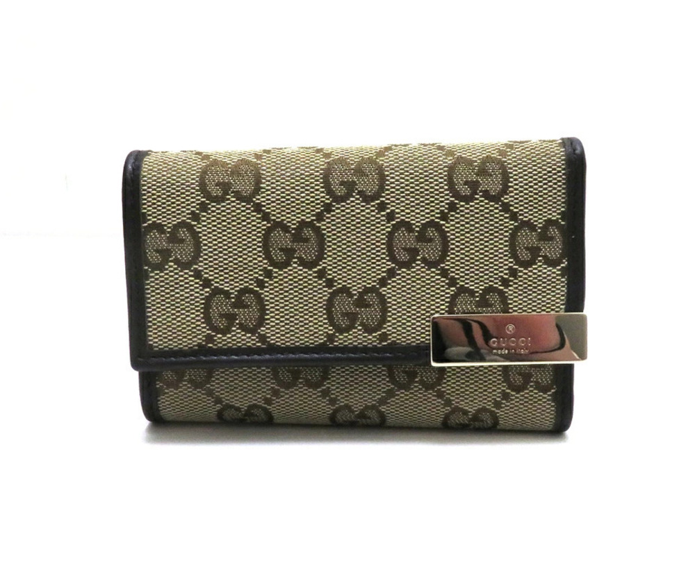 Gucci GG Tri fold Wallet Key Hs Dark Brown Beige Cream Canvas Leather